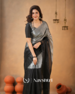 Black & Silver Tissue Cotton Saree with Blouse Piece - Image 7