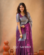 Purple & Silver Tissue Cotton Saree with Blouse Piece - Image 7