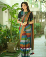 Multicolor Striped Mulmul Cotton Saree Saree with Matching Blouse Piece