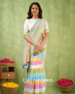 Pastel Multicolor Striped Mulmul Cotton Saree Saree with Blouse Piece - Image 7