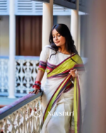 White Mulmul Cotton Saree with Multicolor Woven Striped Pallu & Matching White Blouse Piece - Image 7