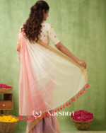 White & Peach Mulmul Cotton Saree with Golden Woven Border & Matching White Blouse Piece - Image 7