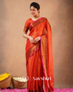 Rust Orange Tissue Cotton Saree with Copper Border & Blouse Piece - Image 7