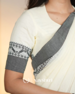White MulMulmul Cotton Saree with Grey Border Motif & Matching Off-White Blouse Piece - Image 7