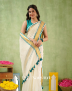 White Mulmul Cotton Saree with Teal & Gold Border & Matching Teal Blouse Piece - Image 7