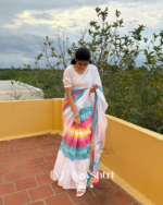 Megh Dhanush - White Linen Saree with Rainbow Stripes & Blouse Piece - Image 7