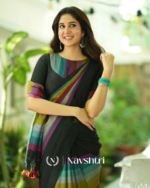 Black Mulmul Cotton Saree with Multicolor Striped Pallu & Matching Black Blouse Piece - Image 7