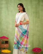 White Mulmul Cotton Saree with Multicolor Pastel Striped Pallu & Matching White Blouse Piece - Image 7
