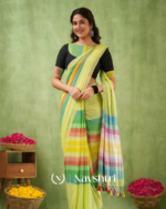 Light Green Mulmul Cotton Saree with Multicolor Striped Pallu & Matching Light Green Blouse Piece - Image 7