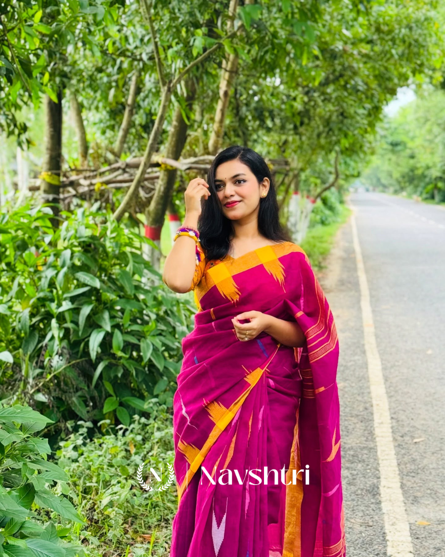 Rang Surya – Pink Linen Saree with Yellow Border & Design with Blouse Piece