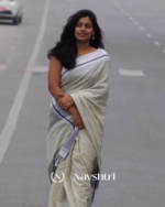 Divya Rekha - White Linen Saree with Lining Stripe & Pallu Lining Design with Blouse Piece - Image 7