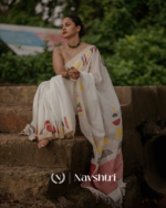 Chitra Mandal - White Linen Saree with Border, Triangle & Half Circle Design with Blouse Piece - Image 7
