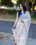 Shashi Lehar - Moonlight Checks White Linen Saree with Square Patterns & Border with Blouse Piece - Image 8