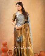 Silver & Mustard Tissue Cotton Saree with Blouse Piece - Image 8