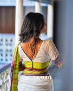 White Mulmul Cotton Saree with Multicolor Woven Striped Pallu & Matching White Blouse Piece - Image 8