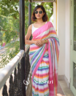 Pink Mulmul Cotton Saree with Multicolor Striped Pallu & Matching Pink Blouse Piece - Image 8