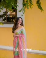 Sunlit Bloom - Yellow, Green & Pink Stripe Linen Saree with Blouse Piece - Image 8