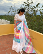 Megh Dhanush - White Linen Saree with Rainbow Stripes & Blouse Piece - Image 8