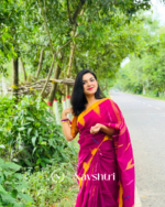 Rang Surya - Pink Linen Saree with Yellow Border & Design with Blouse Piece - Image 8
