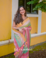 Sunlit Bloom - Yellow, Green & Pink Stripe Linen Saree with Blouse Piece - Image 9