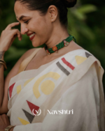 Chitra Mandal - White Linen Saree with Border, Triangle & Half Circle Design with Blouse Piece - Image 9