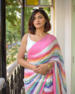 Pink Mulmul Cotton Saree with Multicolor Striped Pallu & Matching Pink Blouse Piece - Image 9
