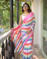 Pink Mulmul Cotton Saree with Multicolor Striped Pallu & Matching Pink Blouse Piece - Image 10