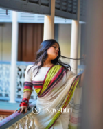 White Mulmul Cotton Saree with Multicolor Woven Striped Pallu & Matching White Blouse Piece - Image 10