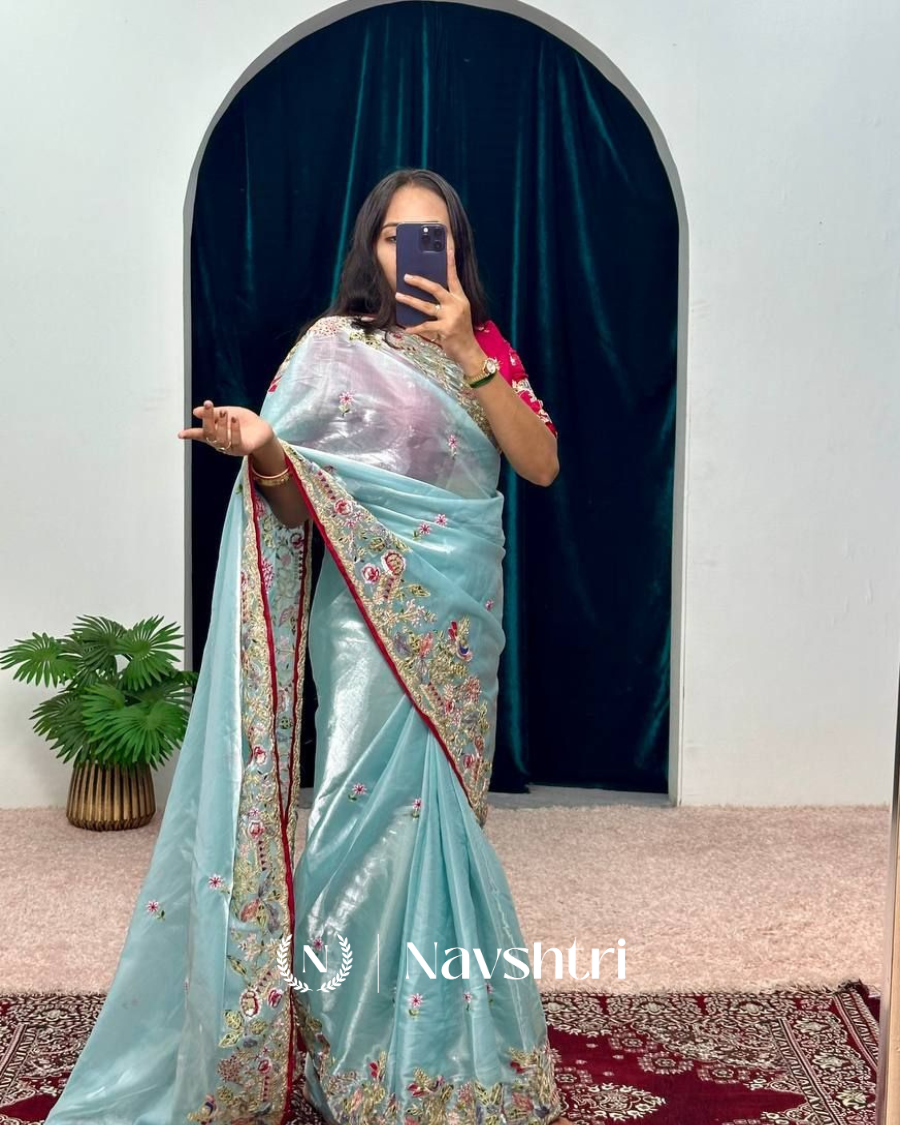 Image00001 Wonderful Sky Embroidery Work Jimmy Choo Silk Saree With Surreptitious Blouse Piece - Image 1