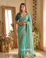 Extraordinary Turquoise Fendy Silk Sequence Embroidery Work Saree With Stitched Blouse - Image 2