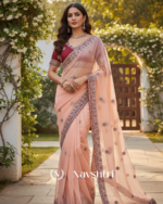 Zephyr Peach Organza Silk Saree With Incomparable Full Stitched Blouse