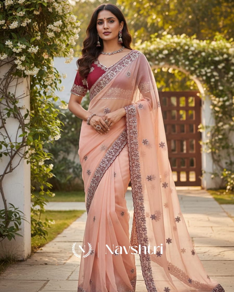Image00001 Zephyr Peach Organza Silk Saree With Incomparable Full Stitched Blouse - Image 1