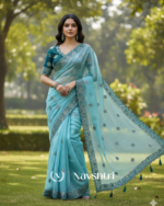 Confounding Sky Organza Silk Saree With Lissome Full Stitched Blouse