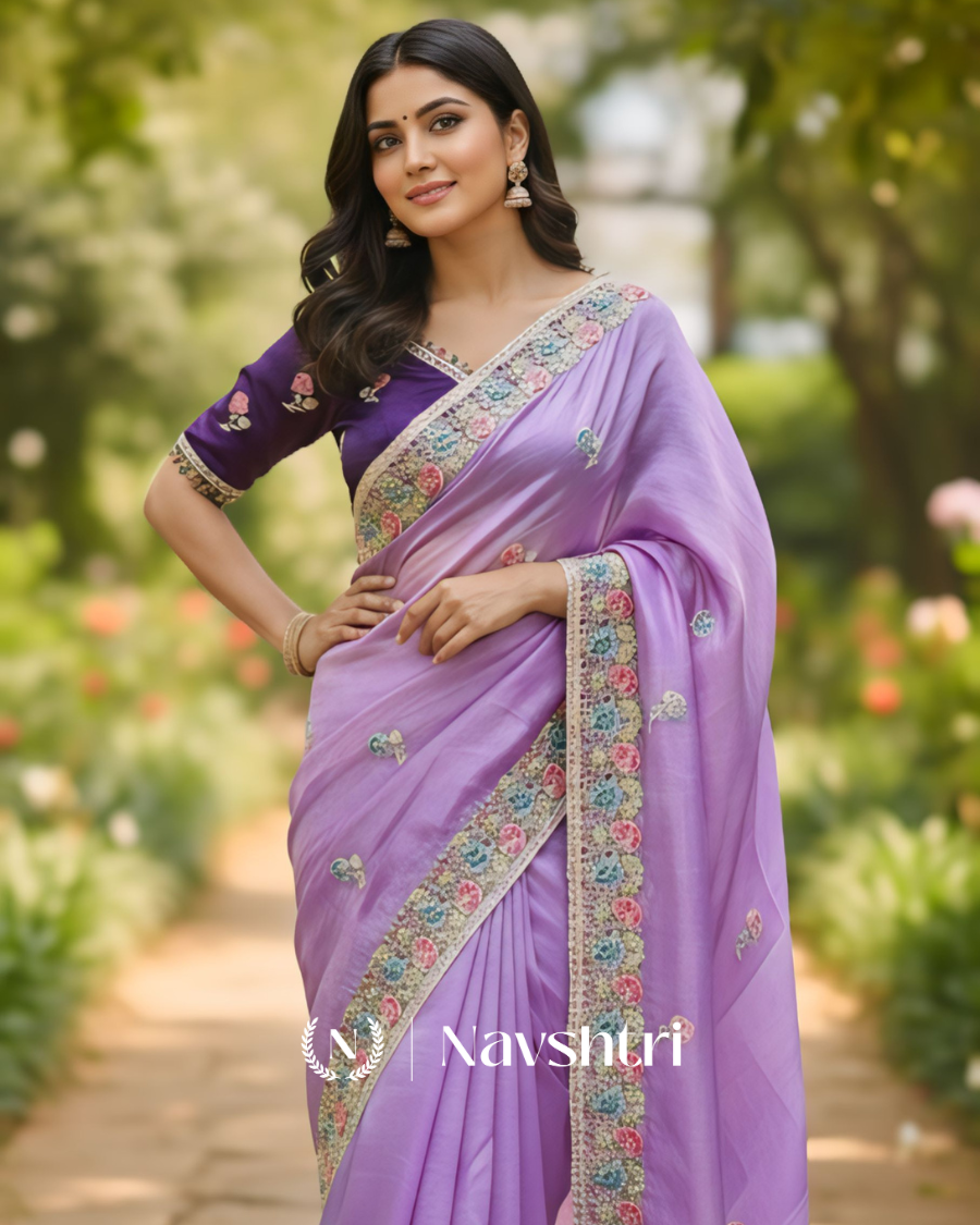 Image00001 Winsome Lavender Embroidery Work Cursh Silk Saree With Seraphic Full Stitched Blouse - Image 1