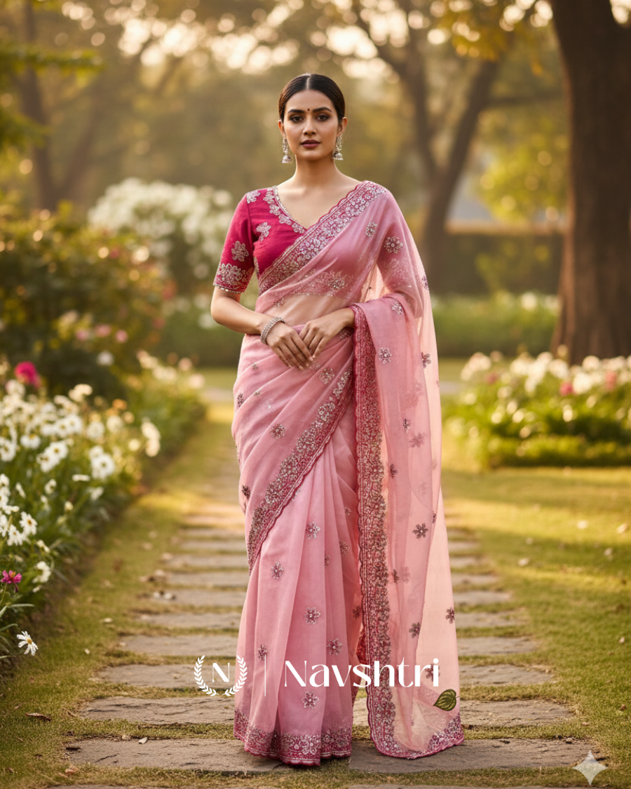 Image00001 Charismatic Pink Organza Silk Saree With Whimsical Full Stitched Blouse - Image 1