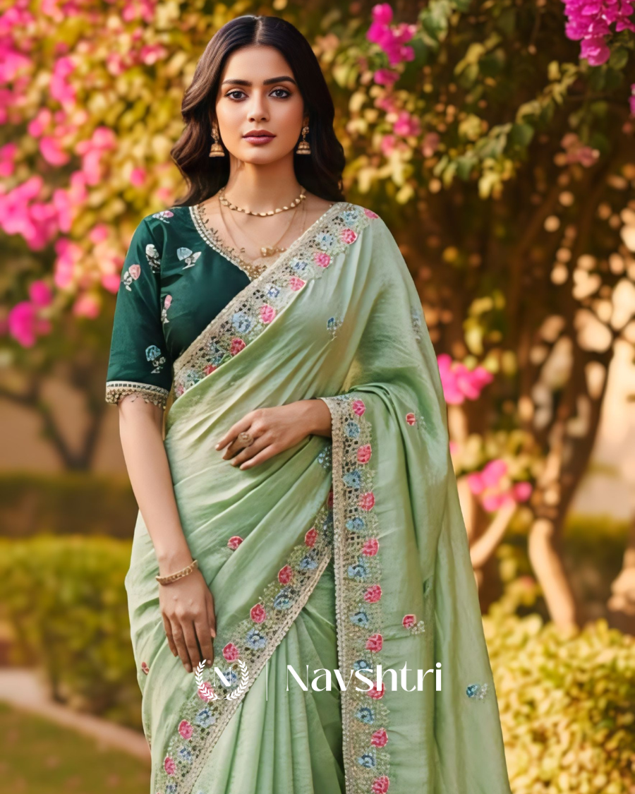 Image00001 Outstanding Pista Embroidery Work Cursh Silk Saree With Vibrant Full Stitched Blouse - Image 1