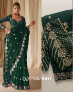 Entrancing Dark Green Embroidery Work Soft Georgette Silk Saree With Serendipity Full Stitched Blouse - Image 2