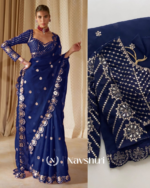 Bucolic Navy Blue Embroidery Work Soft Georgette Silk Saree With Incredible Full Stitched Blouse - Image 2
