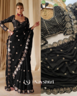 Tremendous Black Embroidery Work Soft Georgette Silk Saree With Charismatic Full Stitched Blouse - Image 2