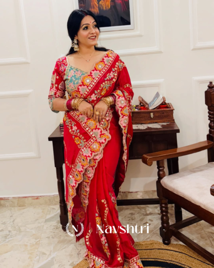 Seraphic Dark Red Rangoli Silk Sequence Embroidery Work Saree With Stitched Blouse