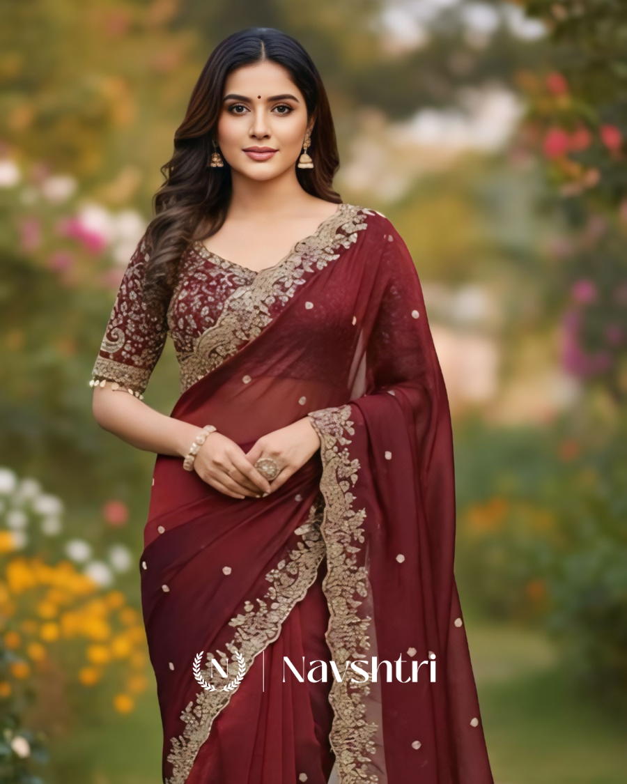 Image00001 Elegant Wine Embroidery Work Fancy Silk Saree With Comely Full Stitched Blouse - Image 1