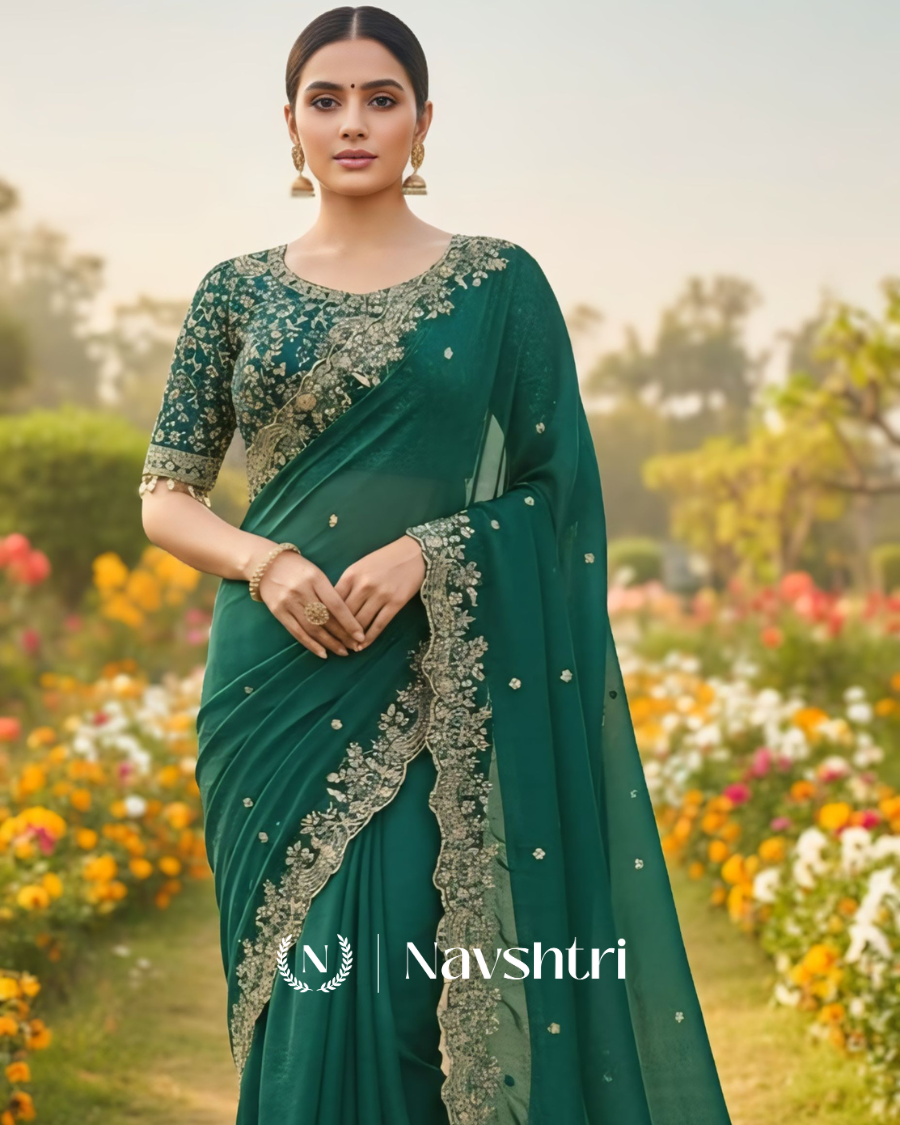 Image00001 Exquisite Dark Green Embroidery Work Fancy Silk Saree With Rhapsodic Full Stitched Blouse - Image 1