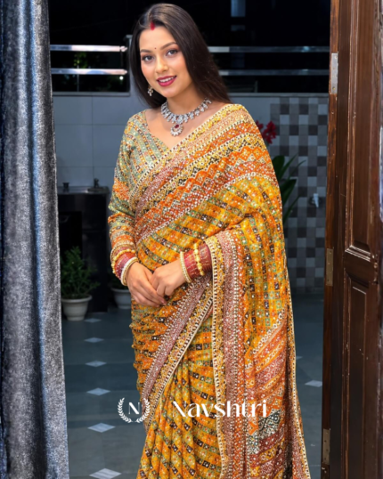 Improbable Yellow Chinon Silk Printed Mirror Work Saree