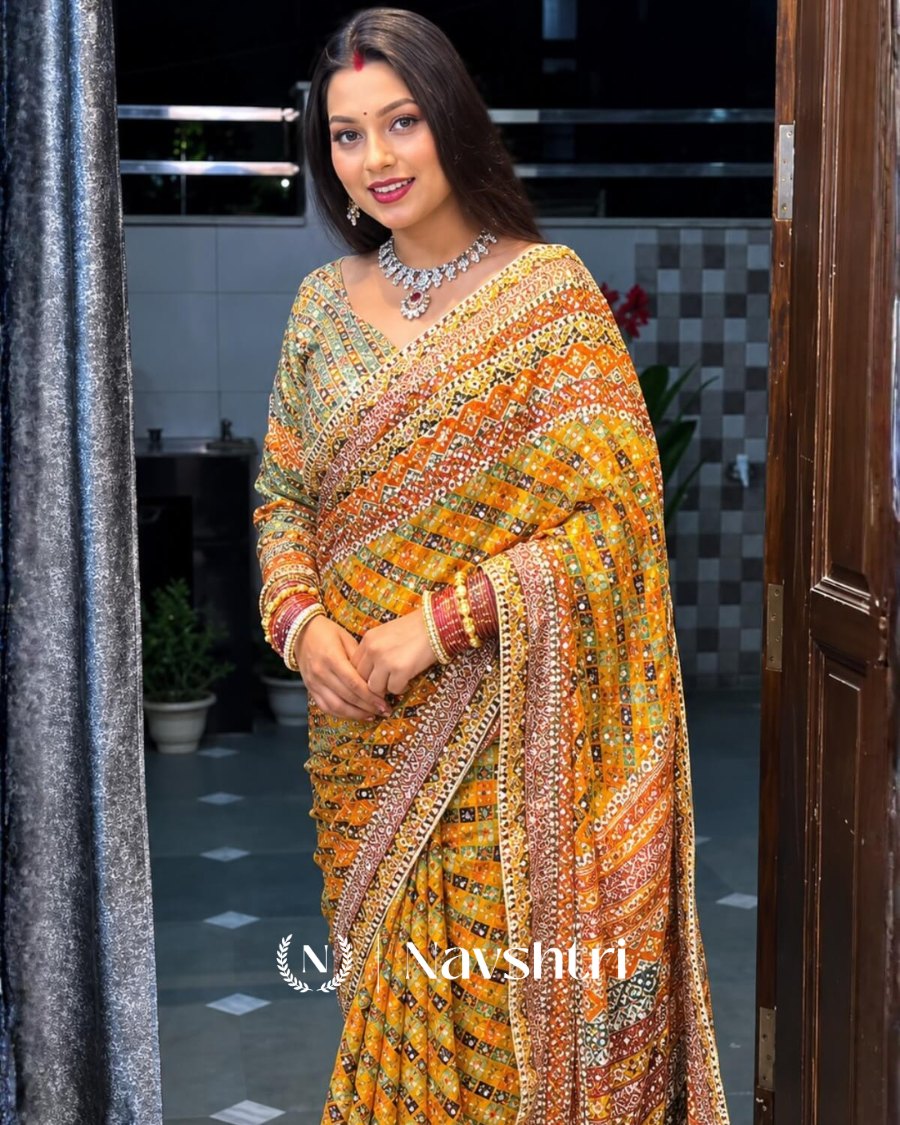 Image00001 Improbable Yellow Chinon Silk Printed Mirror Work Saree - Image 1