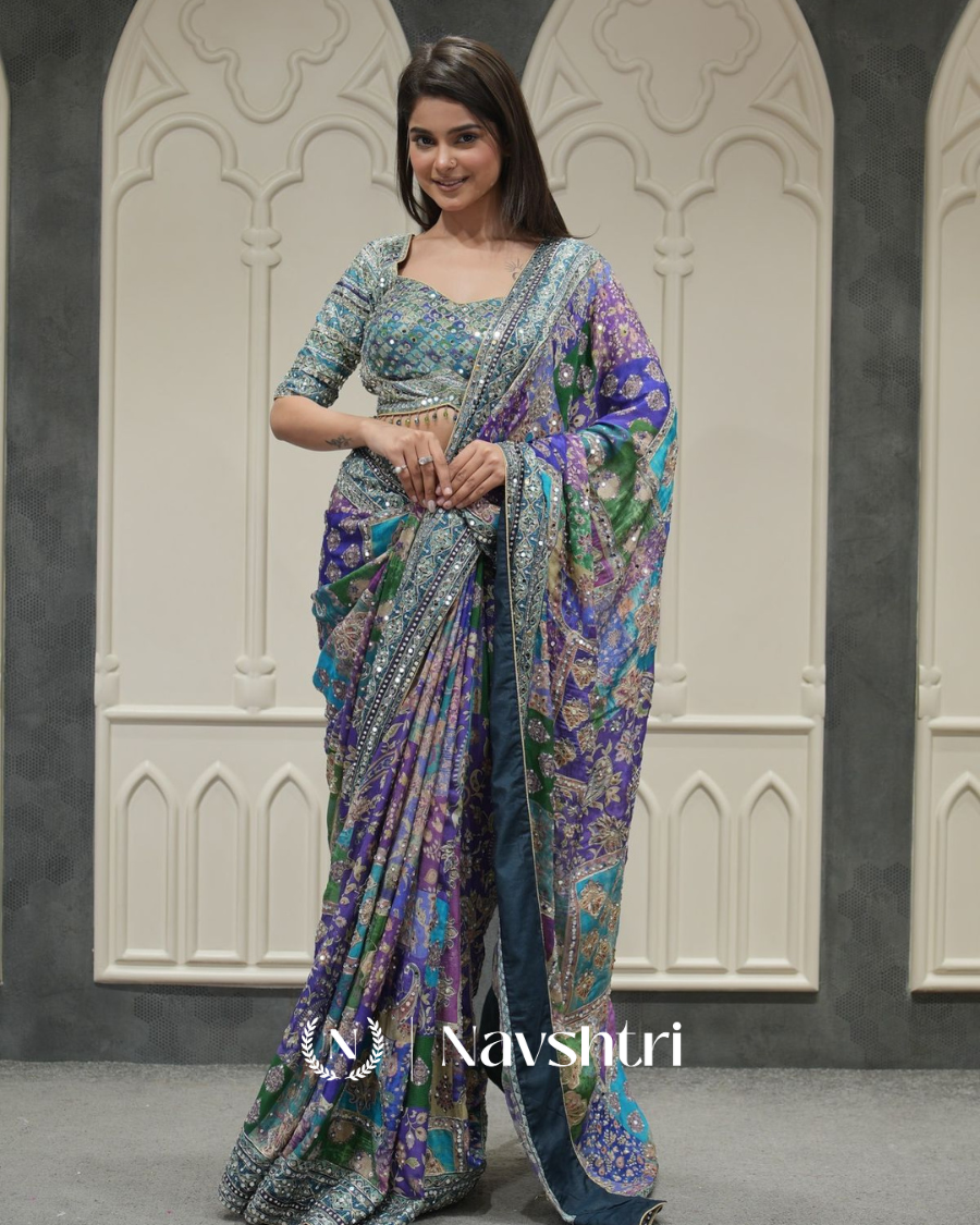 Image00001 Pulsating Multicolor Chinon Silk Printed Mirror Work Saree - Image 1
