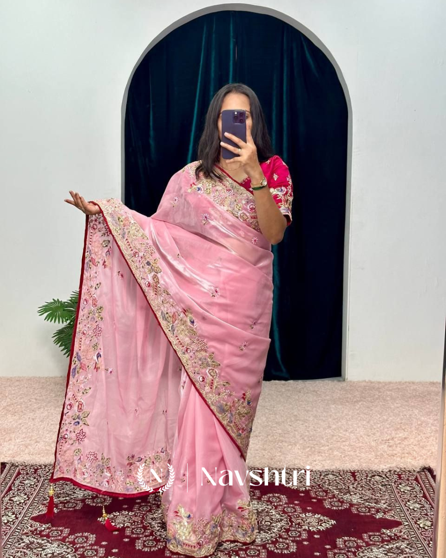 Image00001 Bewitching Pink Embroidery Work Jimmy Choo Silk Saree With Redolent Blouse Piece - Image 1