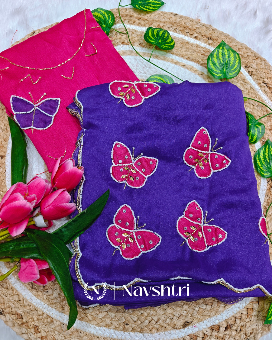 Image00001 Luxuriant Royal Blue Georgette Butterfly Hand Work Saree - Image 1