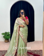 Sonorous Pista Embroidery Work Jimmy Choo Silk Saree With Adorable Blouse Piece
