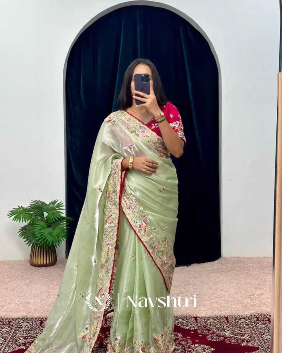 Image00001 Sonorous Pista Embroidery Work Jimmy Choo Silk Saree With Adorable Blouse Piece - Image 1