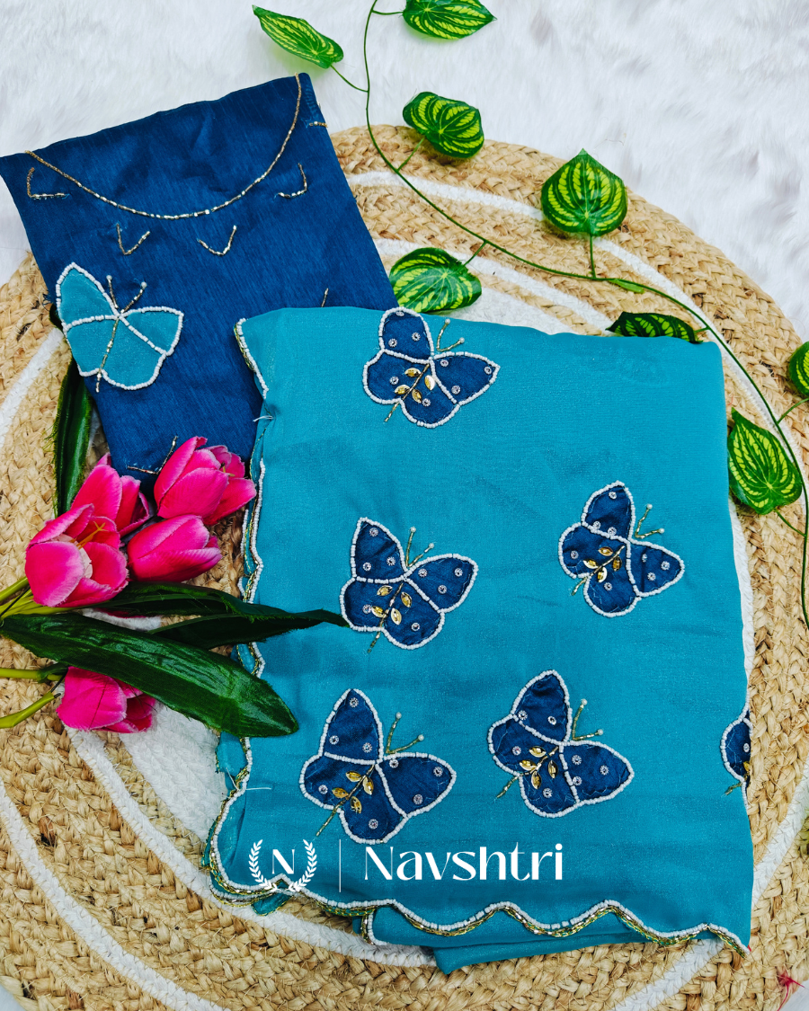 Image00001 Trendy Firozi Georgette Butterfly Hand Work Saree - Image 1